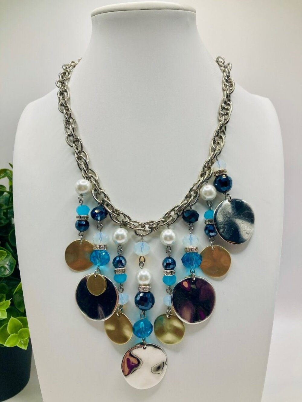 WHBM Silver Disc Charm Statement Necklace Blue & Pearl Beads -62B